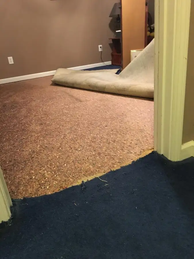 Carpet pad removal revealing water damage during Water Mitigation Services in Lake Dallas